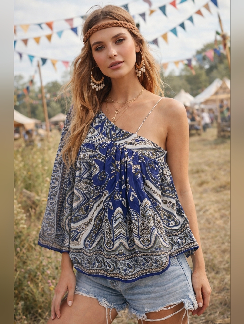 ANGIE One Shoulder Top Womens Medium Blue White Boho Paisley Festival Hippie NEW